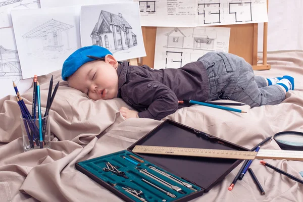 Boy pretending to be a construction worker — Stock Photo, Image