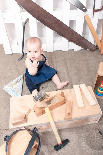 The small child with a plane Carpenter — Stock Photo, Image