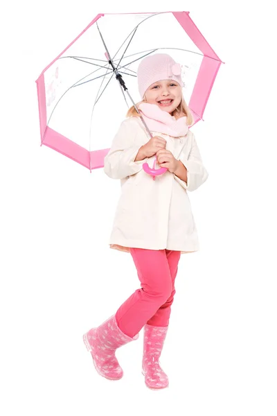 Little cute girl with an umbrella in the colorful dress isolated on white background space for inscriptions — Stock Photo, Image