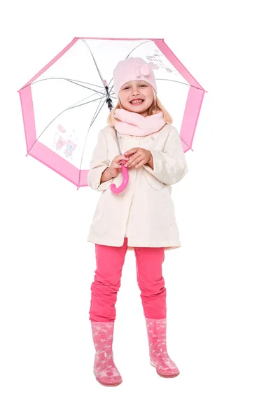 Menina bonito pouco com um guarda-chuva no vestido colorido isolado no espaço de fundo branco para inscrições — Fotografia de Stock