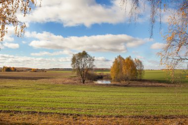 Mavi gökyüzü, göl ve sonbahar ağaçlar
