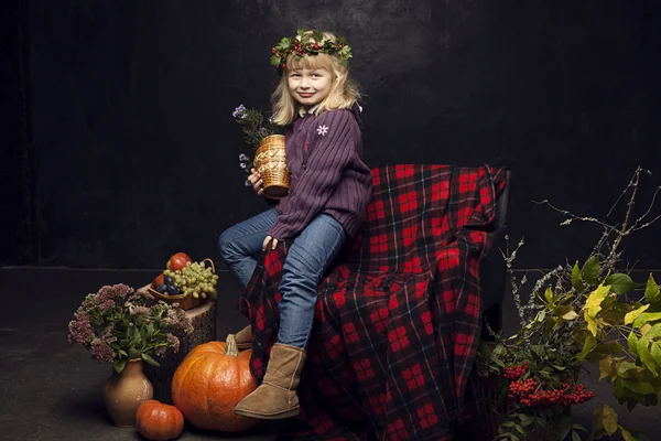 Cheerful girl in the autumn interior on a dark background — Stock Image Cheerful girl in the autumn interior on a dark background Royalty Free Stock Photos