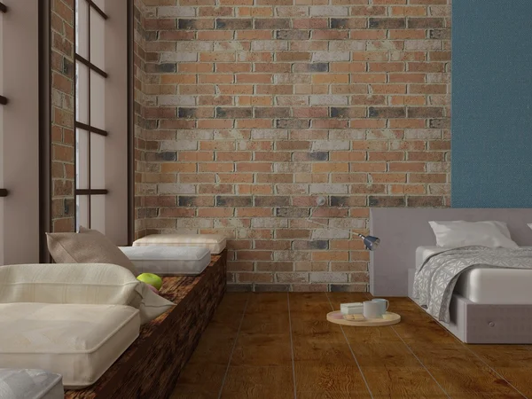 Renderização do quarto com trincheira com café da manhã nas paredes de tijolo piso de madeira — Fotografia de Stock