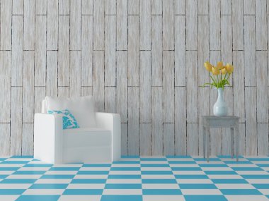 Koltuk yastık ve çiçeklerle dışkı, mavi ıslak zeminde