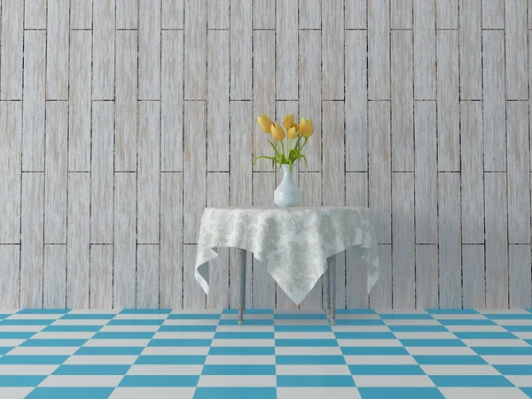 Mesa con flores en habitación vacía con azulejos azules —  Fotos de Stock