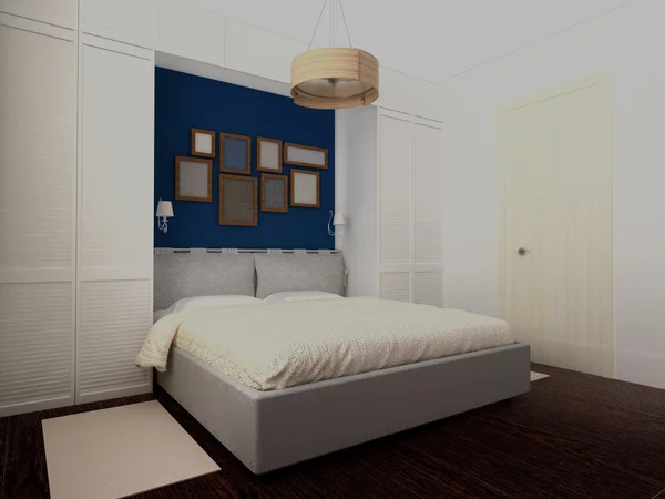 Witte en blauwe slaapkamer — Stockfoto