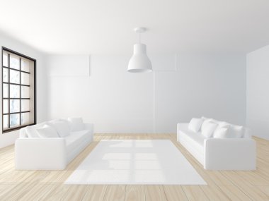 Beyaz modern odasında iki beyaz kanepe render