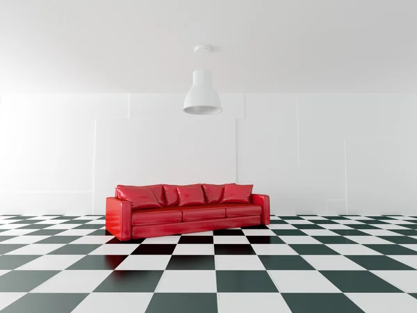 현대 밝은 소파 광택 흑인과 백인 바닥에 붉은 색의 렌더링 — 스톡 사진