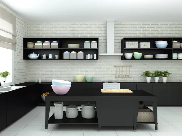 3D иллюстрация современной кухни с посудой и посудой — стоковое фото