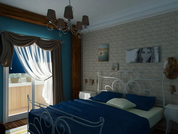 Elegante dormitorio en tonos azules — Foto de Stock