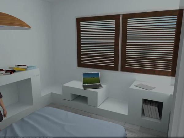 Modernes Schlafzimmer mit Holzfenstern — Stockfoto