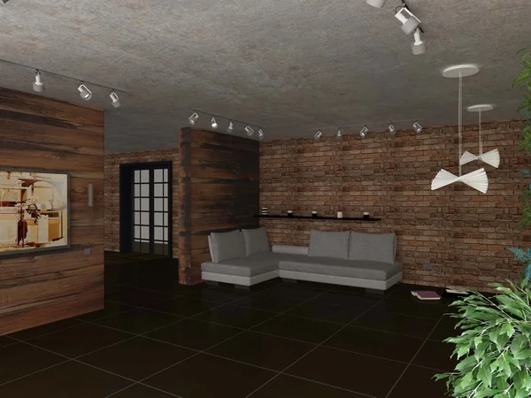 Interior da sala com paredes de tijolo e madeira — Fotografia de Stock