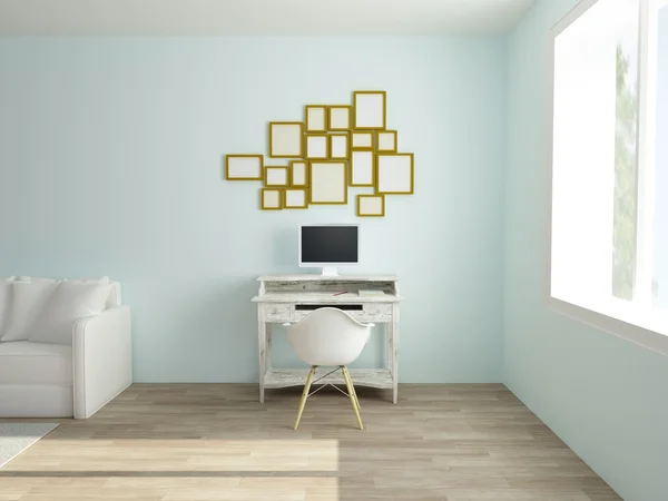 Gezellige interieur werk ruimte in moderne hedendaagse flat in witte en blauwe kleuren — Stockfoto