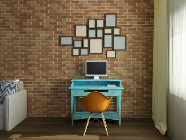 Cozy work place with brick wall in modern flat — Stock Photo, Image