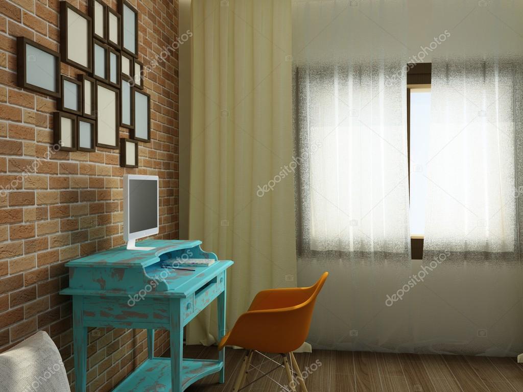 Cozy work place with brick wall in modern flat