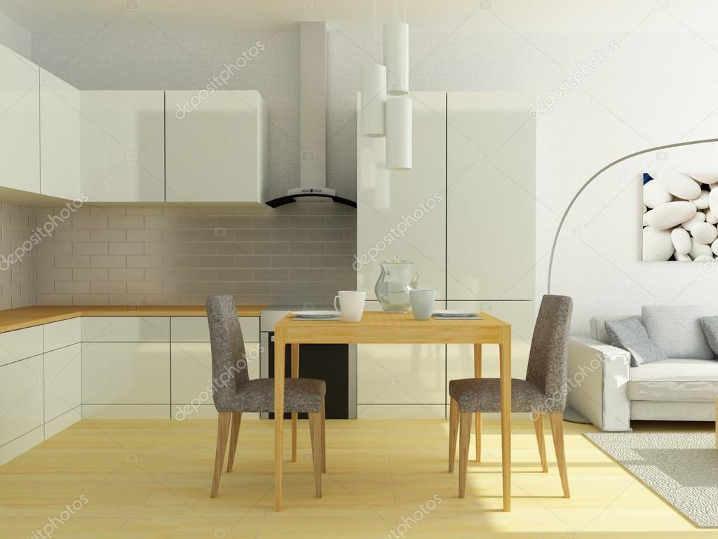 Light modern kitchen in a small flat, studio