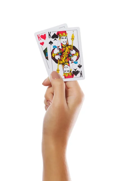 Beyaz arkaplanda elle izole edilmiş kartlar oynanıyor — Stok fotoğraf