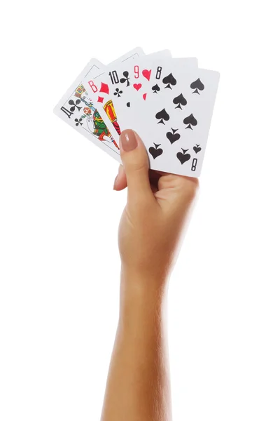 Jouer aux cartes à la main isolé sur fond blanc — Photo