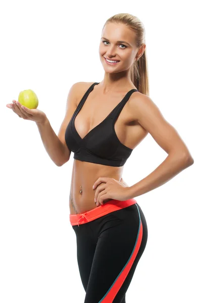 Zdrowy piękny blond kobieta trzyma jabłko, uśmiechając się. — Zdjęcie stockowe