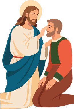 İsa 'nın kör bir adamı iyileştirdiğinin dini temsili. Hıristiyan yayınları, İncil okuma materyalleri ve ilham verici kilise tasarımları için uygun..