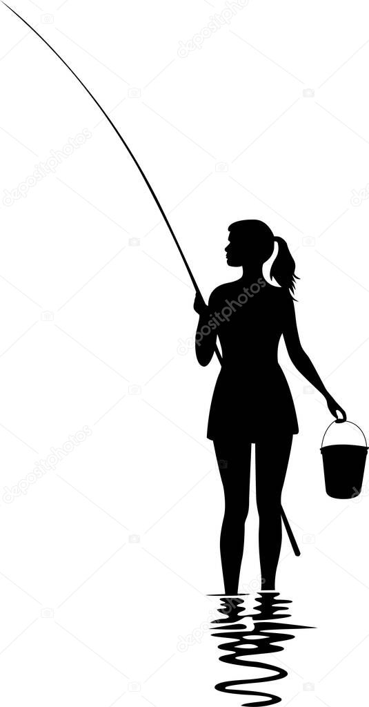 Black silhouette vector of a woman fishing on a calm lake. Great for fishing apparel design, outdoor lifestyle branding, nature sport illustration, and angler-related products. Editable vector for print and digital media.
