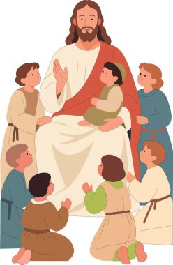 Çocuklarla çevrili İsa 'nın yürek ısıtan tasviri şefkat, sevgi ve rehberliği sembolize ediyor. Pazar okulu grafikleri, kilise ilanları, Hıristiyan web siteleri ve eğitim materyalleri için ideal.