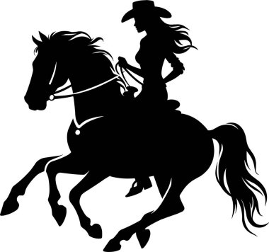 Hareket halindeki bir ata binen dişi kovboyun dinamik silueti. Batı logoları, binicilik tasarımları, ülke posterleri, giysi grafikleri ve açık hava temalı projeler için ideal..