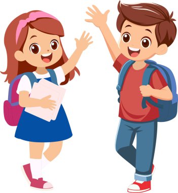 El sallayan ve gülümseyen iki mutlu öğrencinin çizgi film çizimi. Eğitim için uygun renkli daire vektör biçimi, okul tasarımına geri dönüş, çocuklar öğrenme, sınıf materyalleri ve çocuk dostu içerik.