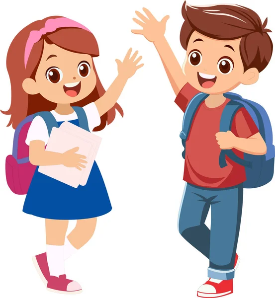 El sallayan ve gülümseyen iki mutlu öğrencinin çizgi film çizimi. Eğitim için uygun renkli daire vektör biçimi, okul tasarımına geri dönüş, çocuklar öğrenme, sınıf materyalleri ve çocuk dostu içerik.