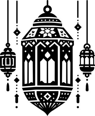 Dekoratif İslami desenlerle süslenmiş Ramazan fenerinin siyah beyaz silueti. Ramazan tebrik kartları, İslami posterler, festival dekorasyonları ve dini etkinlik tasarımları için uygundur.