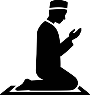 Diz çökmüş dua eden Müslüman bir adamın siyah silüeti. İslam eğitimi, Ramazan içeriği, dini yayınlar ve ruhani temalar için uygundur..