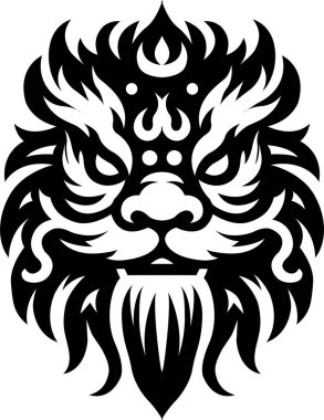 Güçlü ve korunmayı temsil eden vahşi bir Çinli koruyucu aslanın yüzü. Logolar, amblemler, posterler ve kültürel sanat eserleri için ideal..