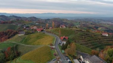 Styria 'da sonbahar günbatımında Avusturya' nın üzüm bağları üzerindeki hava manzarası Kitzeck im Sausal.