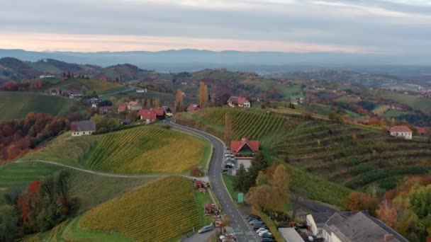 Widok z powietrza na austriacką vilage Kitzeck im Sausal na winnicy podczas jesiennego zachodu słońca w Styrii. — Wideo stockowe