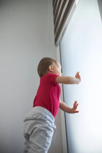 Ребенок стоит напротив стеклянной двери. Развитие ребенка. — стоковое фото