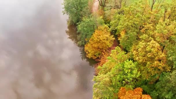 Vzduch nad jezerem s podzimním listím a odlesky stromů ve Štýrsku, Thal, Rakousko. — Stock video