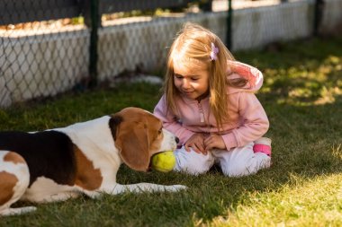 Çocuk çimlerin üzerinde köpekle oynuyor.
