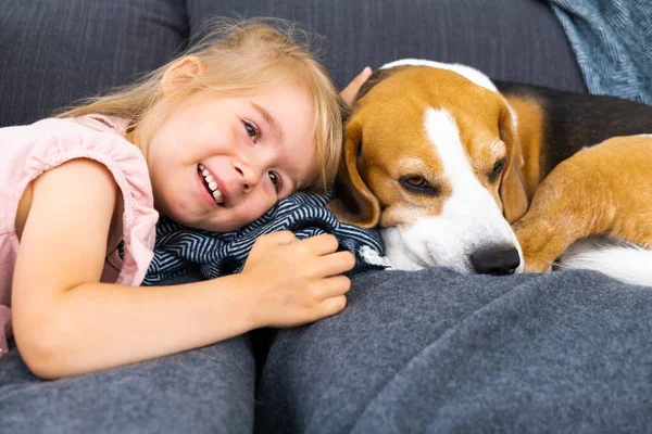 Happy Child with beagle dog lying on couch