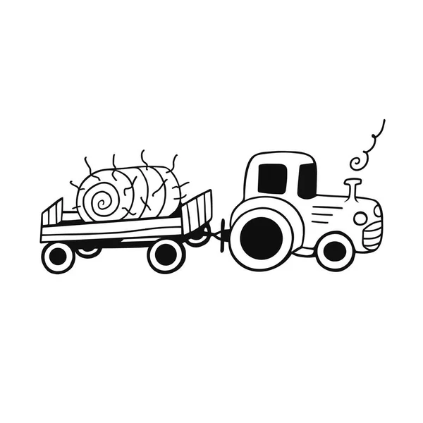 Tractor Trailer Hay Roll White Background Harvest Time Doodle Vector — Stock Vector