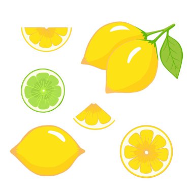 Lemon, limon kesim vektörü. Baskı, arka plan, duvar kâğıtları, kapaklar, ambalajlar, tebrik kartları, posterler, çıkartmalar, tekstil ve mevsimsel tasarım. Beyaz arkaplanda izole.