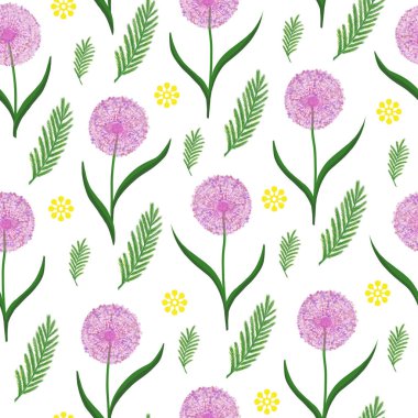 Allium çiçekleri, beyaz arka planda dekoratif yay deseni. Yazdırma, arka plan, duvar kağıtları, kapaklar, ambalaj kartları, tebrik kartları, posterler, çıkartmalar, tekstil ve mevsimsel tasarım.