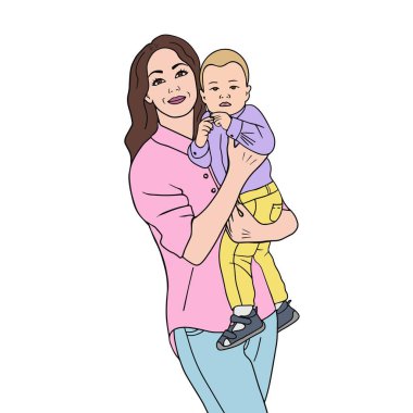 Bebekli kadın, genç anne ve çocuk vektörü. Anneler Günü..