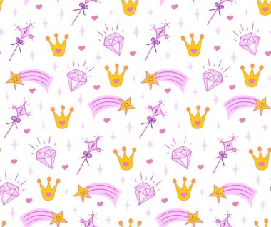 Taç. Sihirli değnek, küçük prenses için elmassız vektör deseni. Tasarım için arka plan, web sitesi, tekstil, kumaş, kart ve ambalaj kağıdı. Kız baskısı.