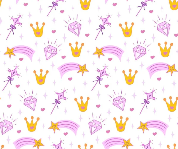 王冠だ 魔法の杖ダイヤモンドシームレスベクトルパターン デザイン ウェブサイト ファブリック カードや包装紙の背景 女の子 Print — ストックベクタ