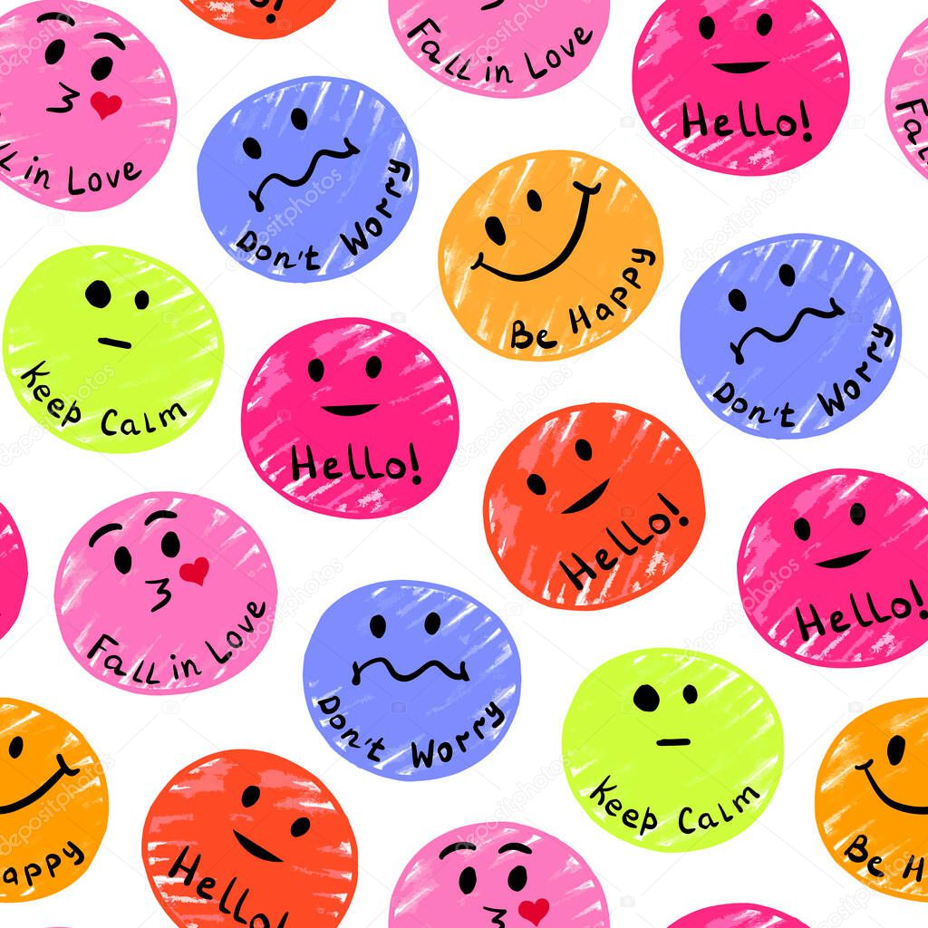 Multicolored smileys pattern on white background. Illustration for printing, backgrounds, wallpapers, covers, packaging, greeting cards, posters, stickers, textile, seasonal design.