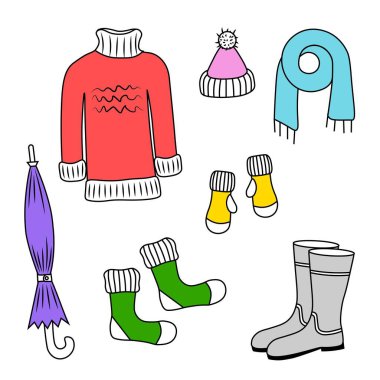 Sonbahar kıyafet vektörü. Baskı, tebrik kartları, posterler, çıkartmalar, tekstil ve mevsimsel tasarım için resim. Beyaz arkaplanda izole.