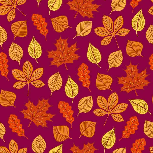 Feuilles Automne Motif Sans Couture Sur Fond Rouge Foncé Illustration — Image vectorielle