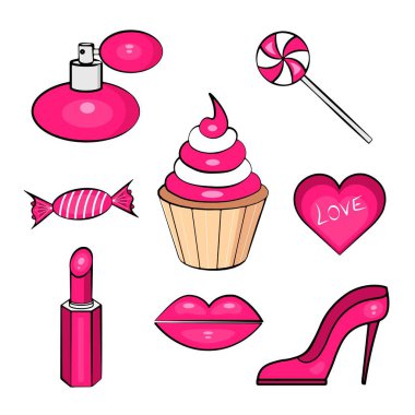 Şekerler, dudaklar, ruj, kalp, ayakkabılar, parfümler, beyaz arka plandaki eşyalar. Baskılar, duvar kağıtları, arka planlar, posterler, çıkartmalar, logolar, güzellik salonları ve tekstil için vektör illemesi.