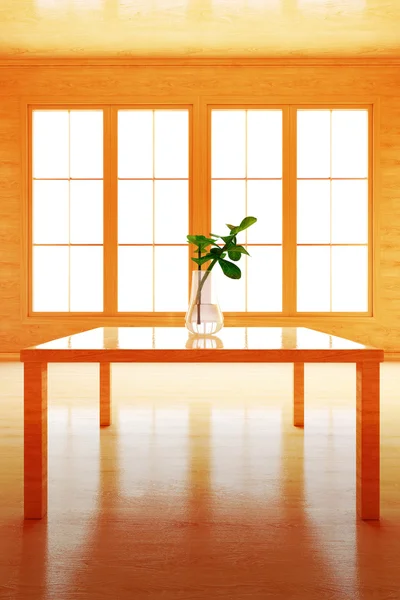 El interior en estilo de madera. La flor sobre la mesa. Ilustración 3D —  Fotos de Stock
