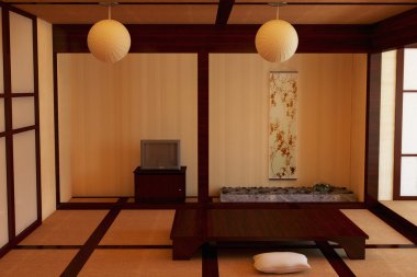 Japon tarzı iç. 3D çizim.